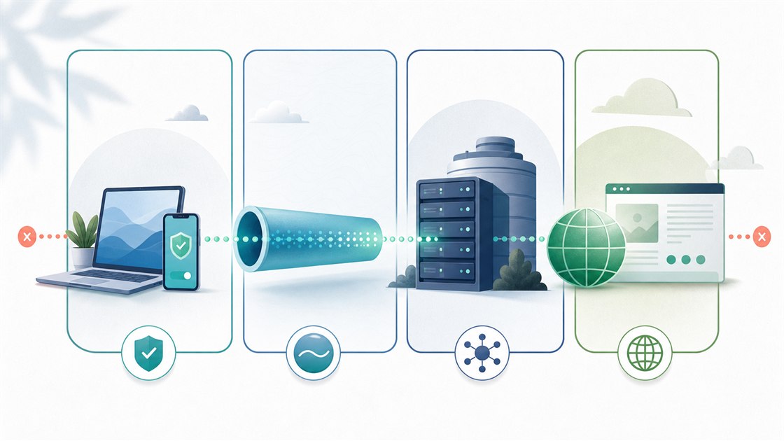 Fyra säkerhetslager visar enhet och app, krypterad tunnel, VPN-server och destination som delar av samma kedja.