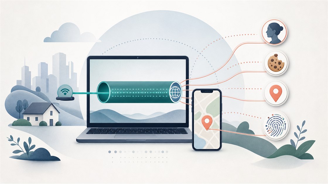 VPN-tunnel döljer nätverksadressen medan konto, cookie, GPS och webbläsarfingeravtryck fortfarande skickar egna signaler.