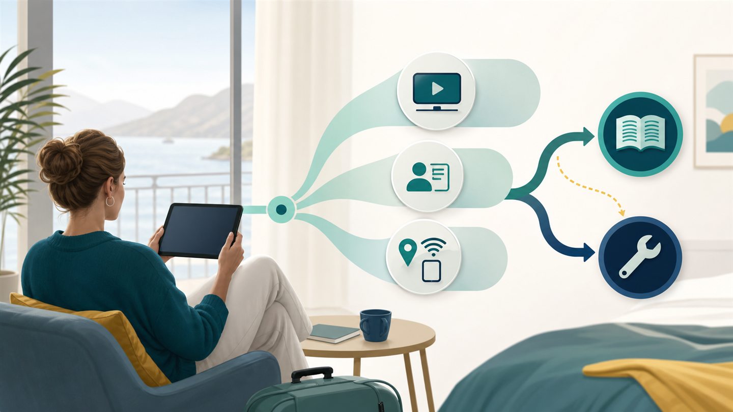 Svensk resenär som väljer mellan tjänstguide och felsökning utifrån konto, rättigheter och plats