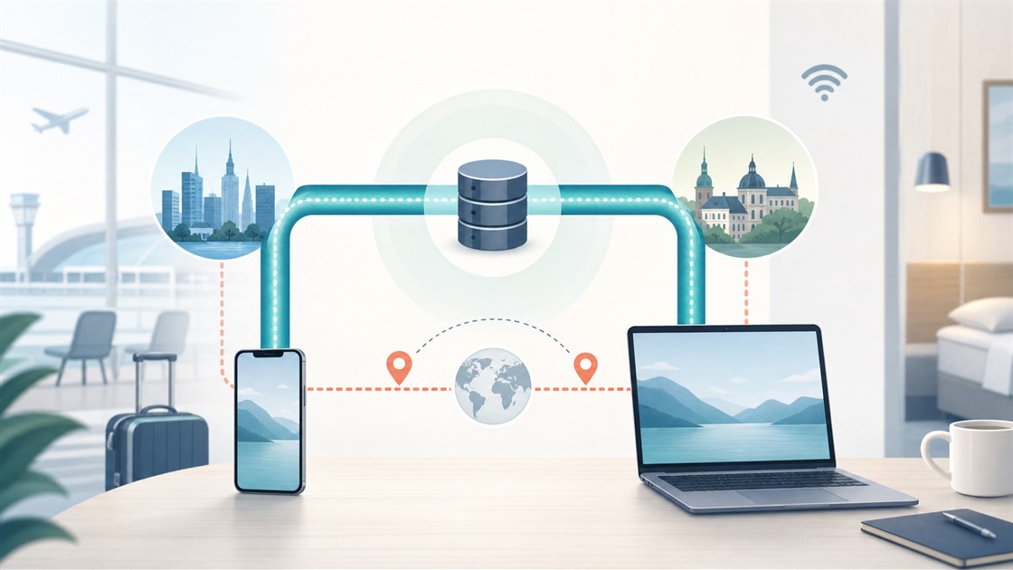 Mobil och dator på resa med en VPN-tunnel samt separata signaler för säker anslutning och geografisk plats.